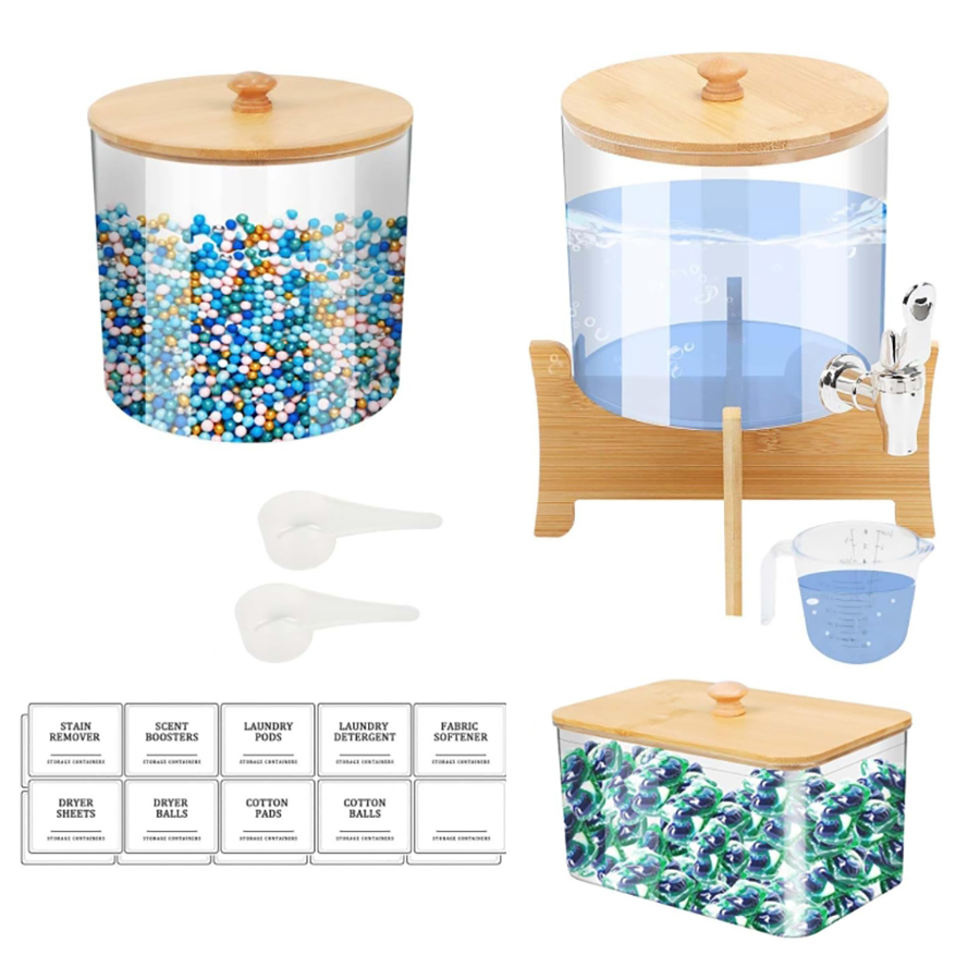 Laundry Strip Eco - 3パック ランドリー整理収納セット 液体洗濯洗剤ディスペンサー 棚とカップ付き ランドリーポッド 乾燥機シートコンテナ